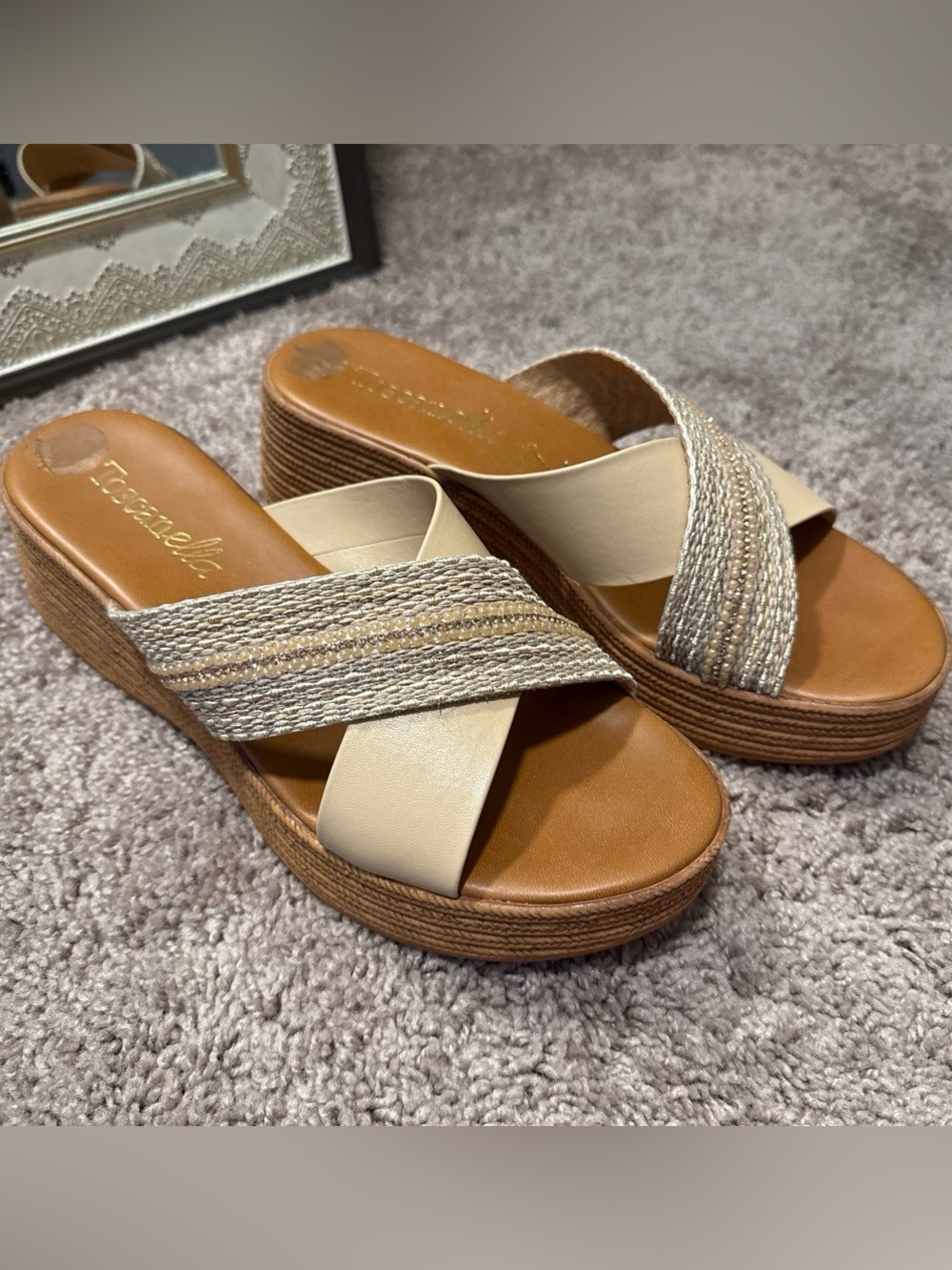 Firenze Elle Cream Woven Cross-Strap Wedge Sandals